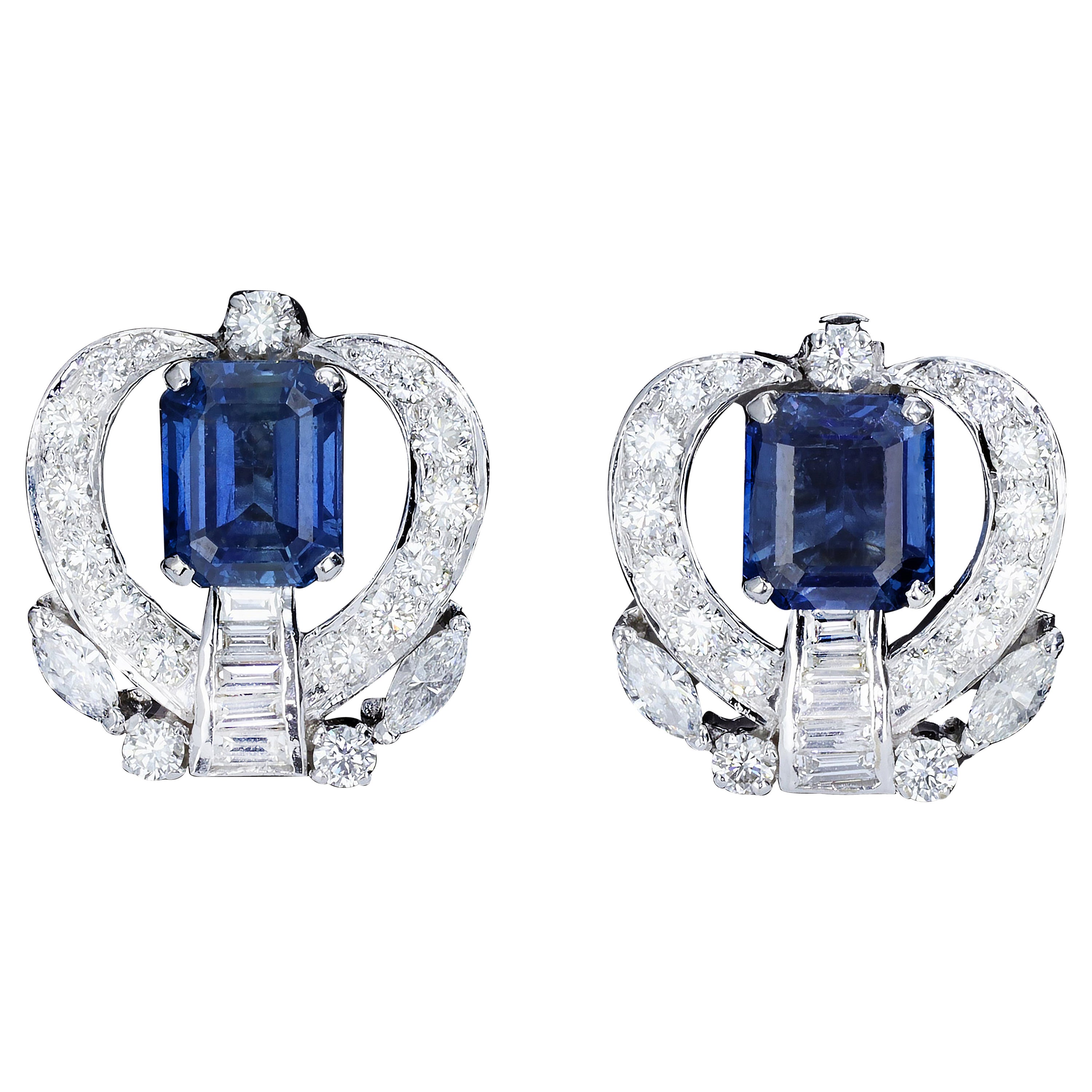 Enchanting Emerald Cut Sapphire and Diamond Earrings For Sale