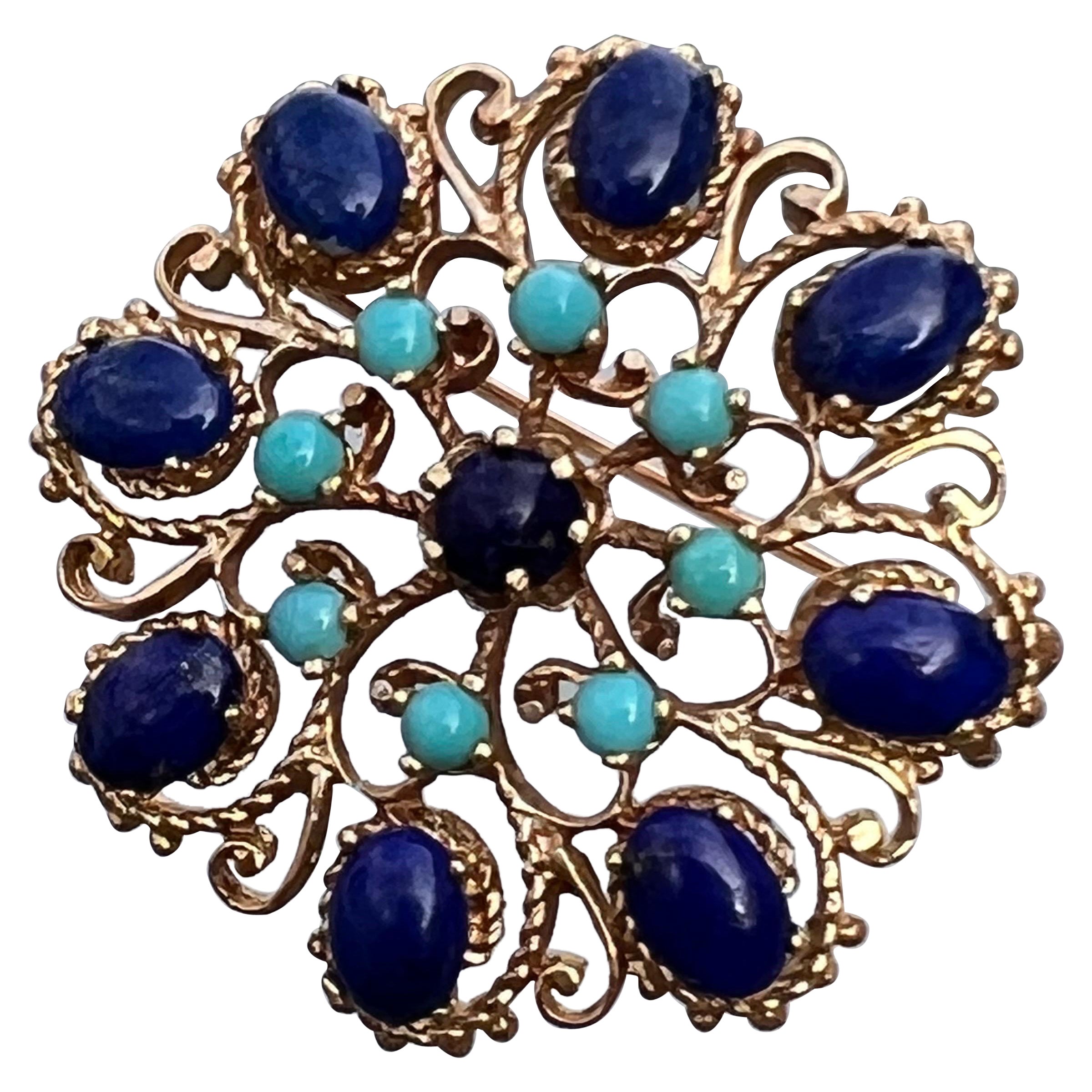 14 Karat Gold Turquoise and Lapis Victorian  Revival Brooch For Sale