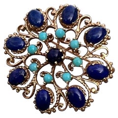 Retro 14 Karat Gold Turquoise and Lapis Victorian  Revival Brooch