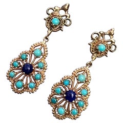 Lapis Persian Turquoise 14 Karat Gold Dangle Drop Earrings