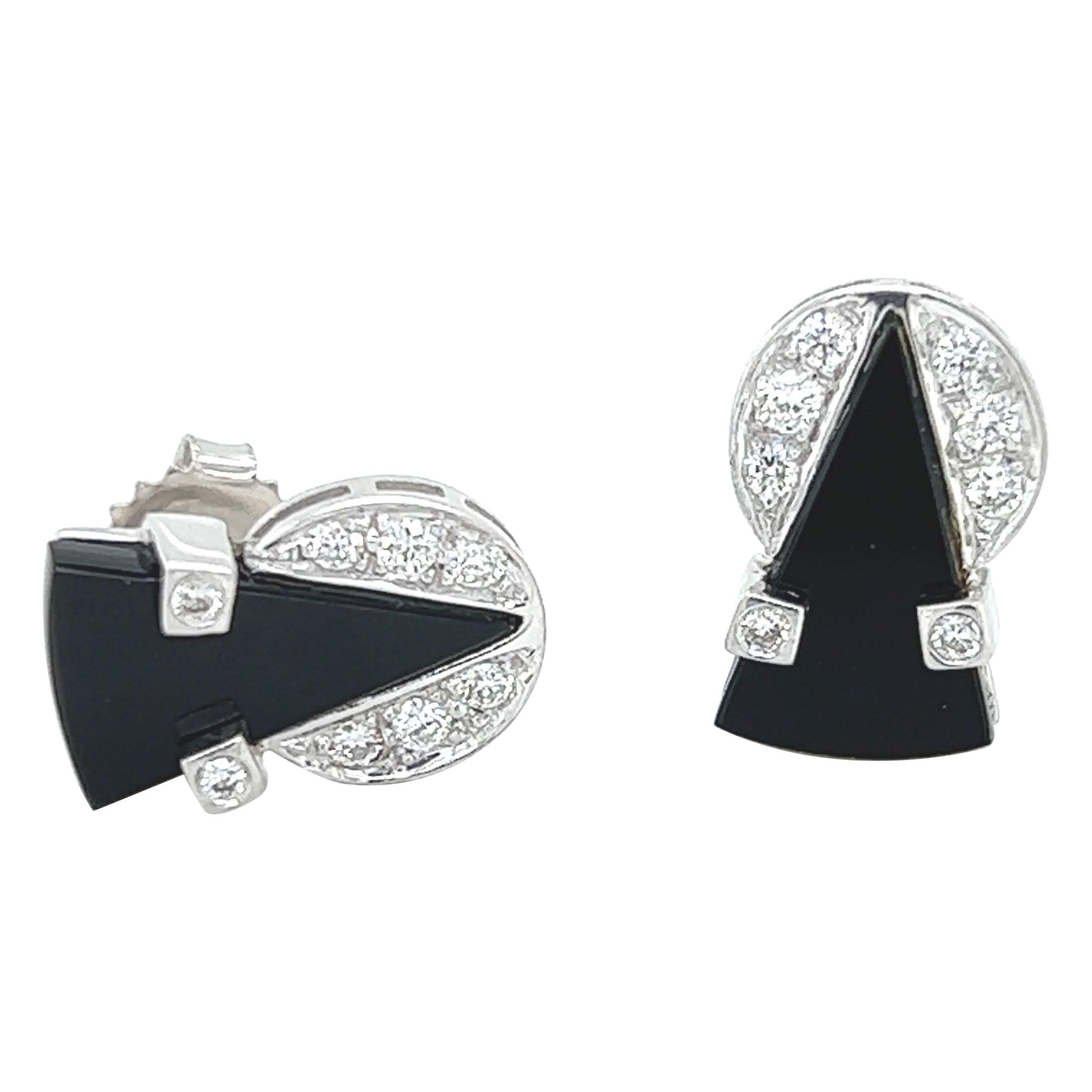 Art Deco Design Diamond and Black Onyx Stud Earrings in 18k White Gold For Sale