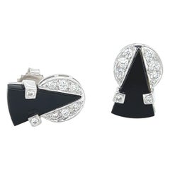 Art Deco Design Diamond and Black Onyx Stud Earrings in 18k White Gold