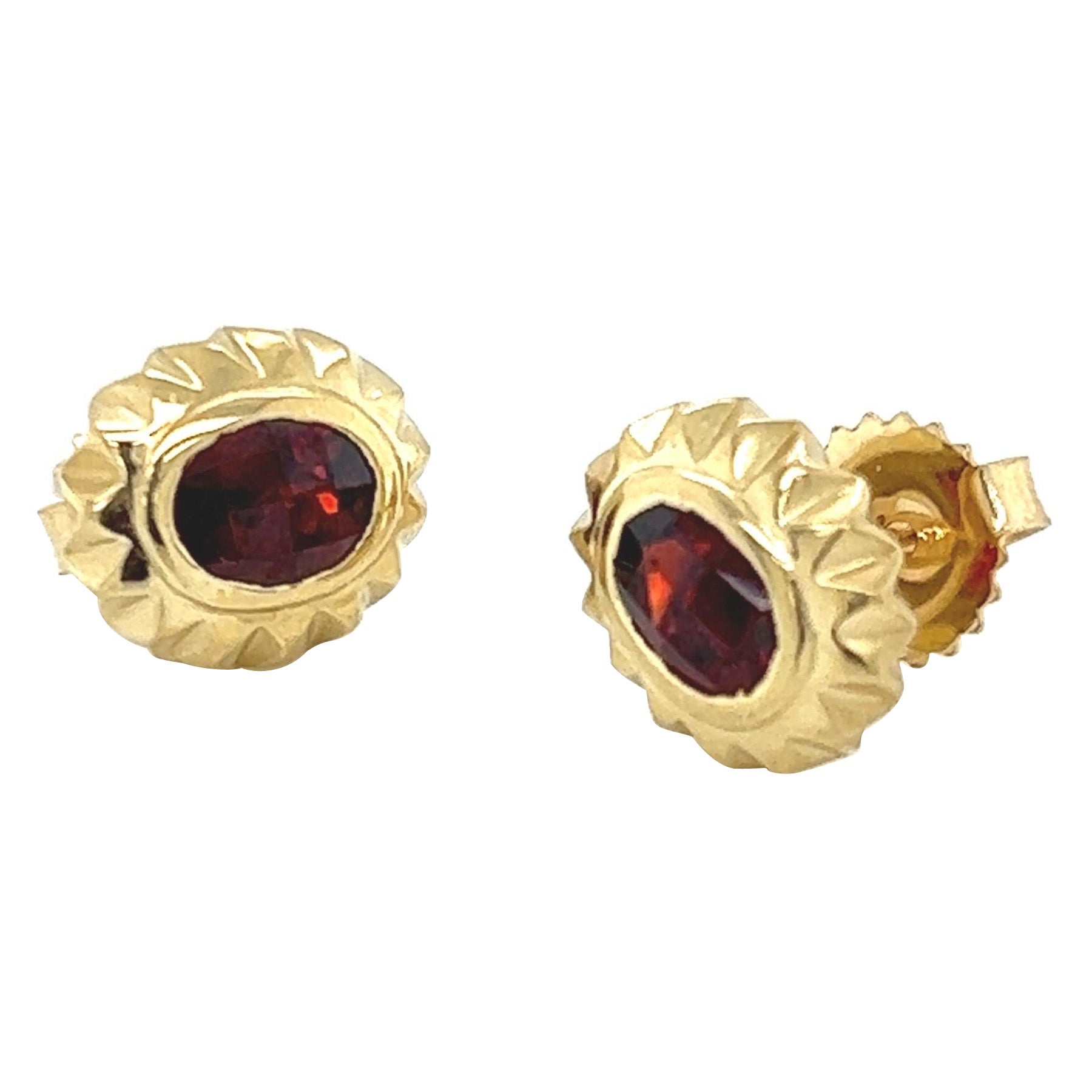 18k Yellow Gold Spiked Stud Earrings with Step Cut Garnet For Sale