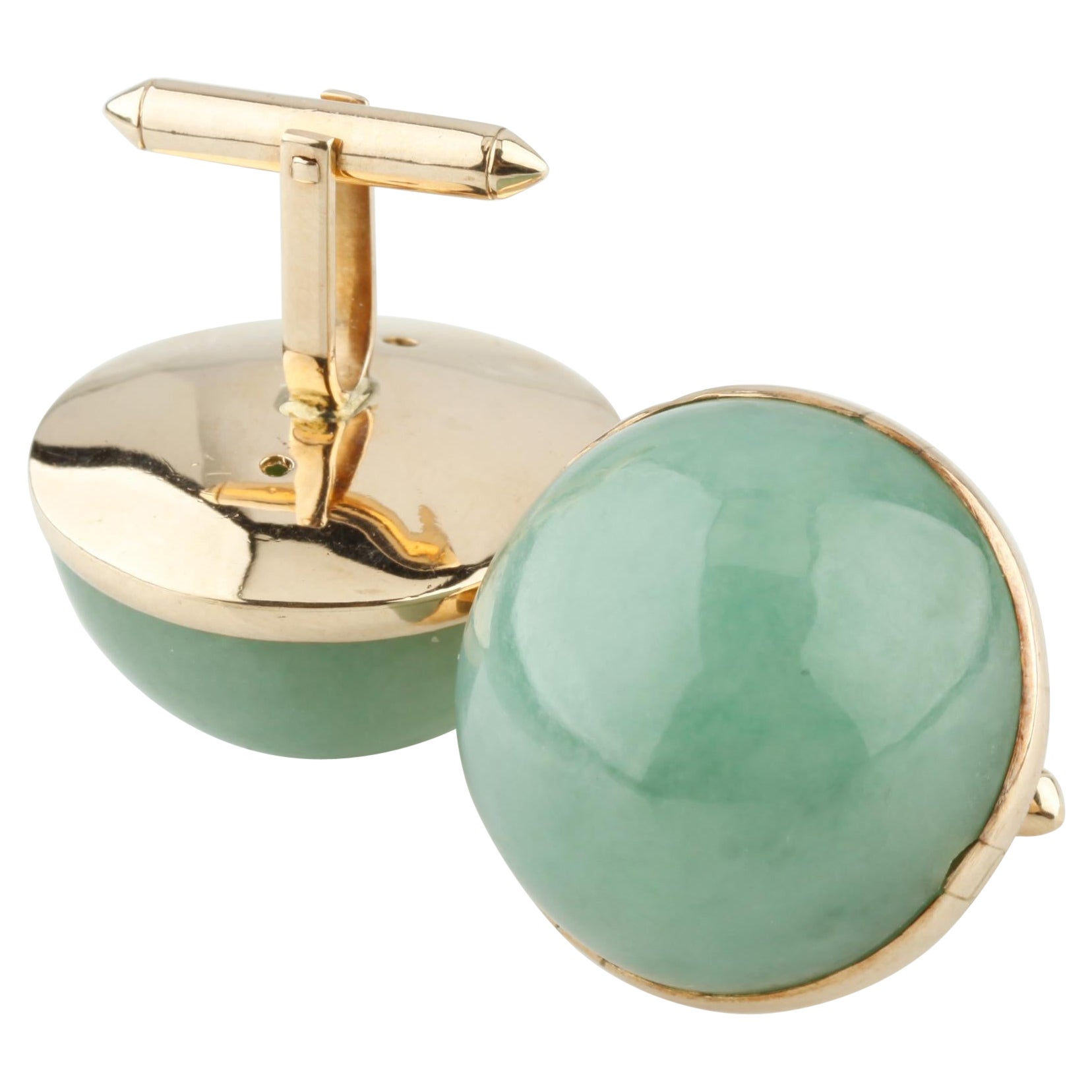 Vintage 14k Yellow Gold Jade 'Over 100 Carat' Cabochon Cufflinks For Sale