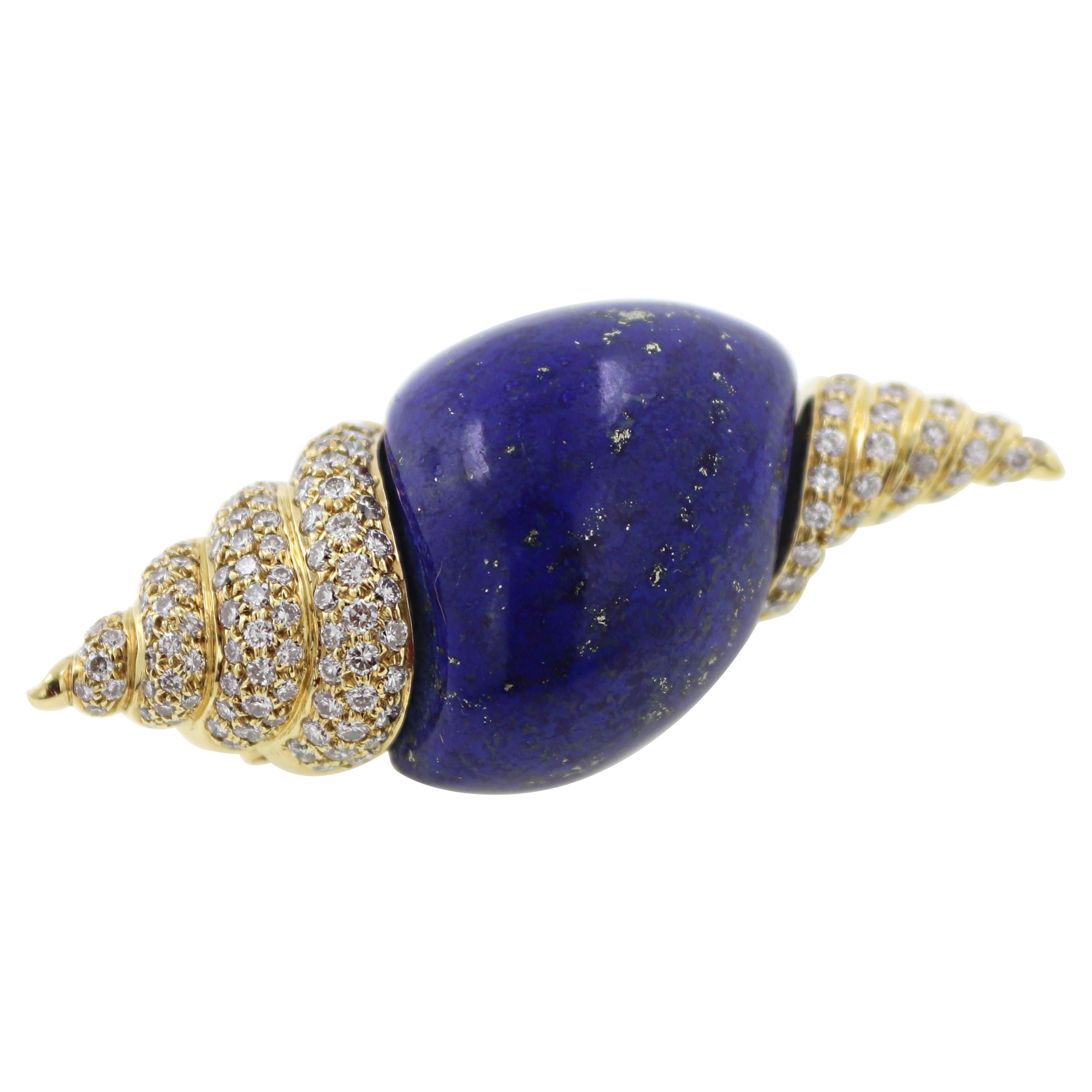 Lapis Lazuli, Diamond 18k Yellow Gold Seashell Brooch For Sale