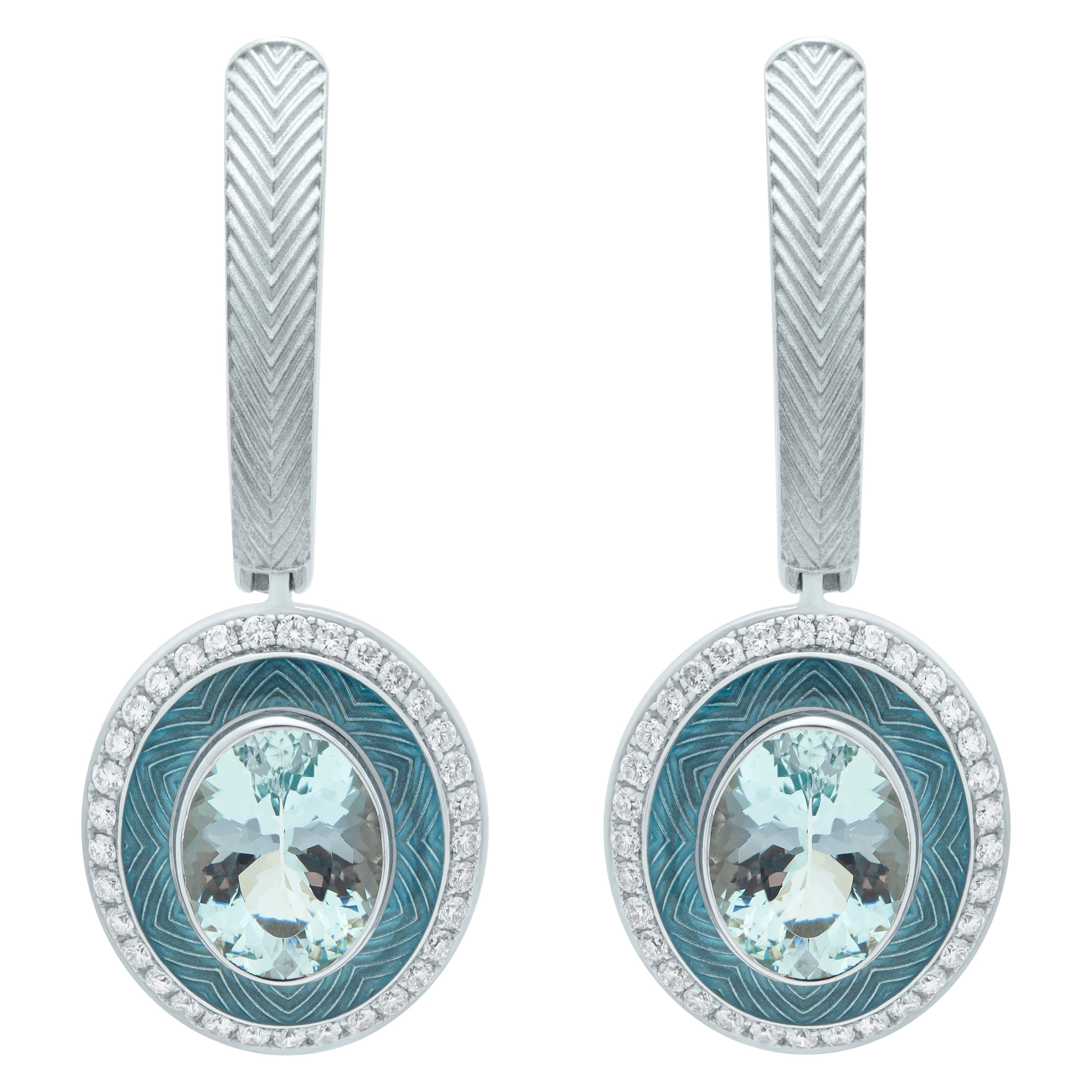 Aquamarine 2.26 Carat Diamonds 18 Karat White Gold Tweed Earrings