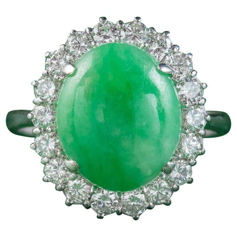 Vintage Jade Diamond Cluster Ring in 18ct White Gold, 8ct Jade 1.50ct of Diamond