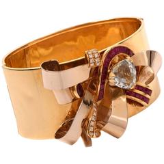 Retro Ribbon Aquamarine Ruby Gold Bangle Bracelet 10