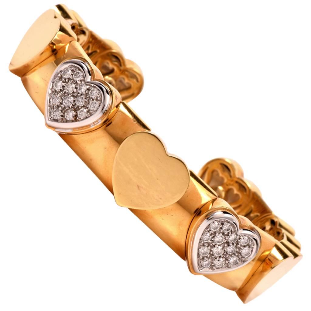 Diamond Gold Heart Motif Bangle Cuff Bracelet