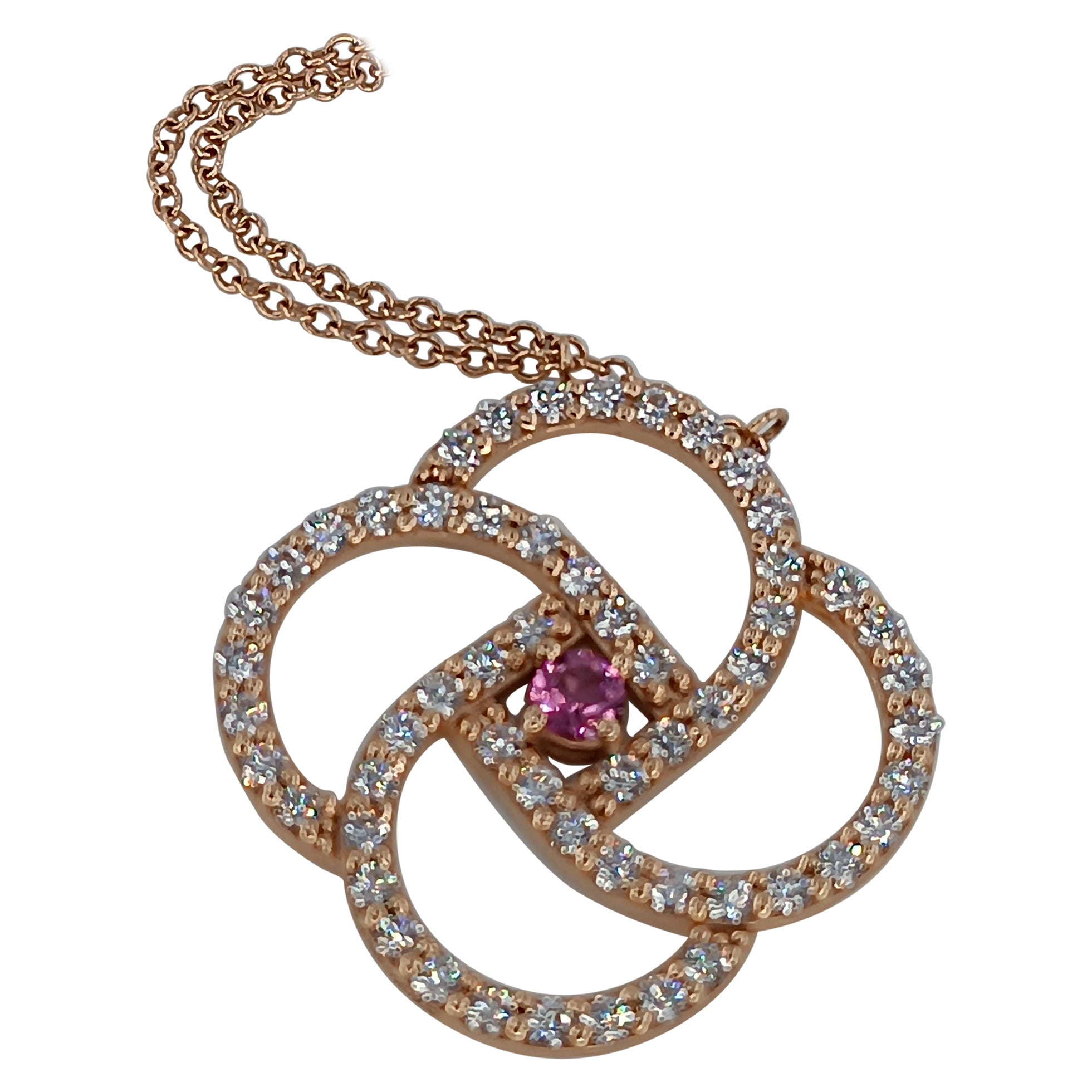 0.25 Carat Pink Sapphire VS G Color Diamonds 1.68 Carats.Rose Gold Necklace For Sale
