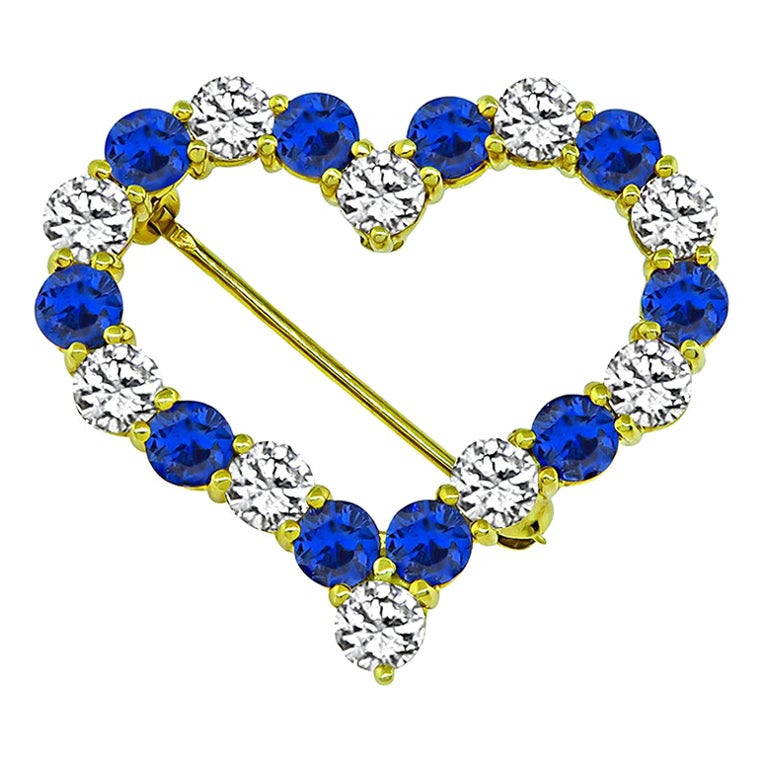 Tiffany & Co 1.50 Carat Diamond 1.60 Carat Sapphire Gold Heart Pin For Sale
