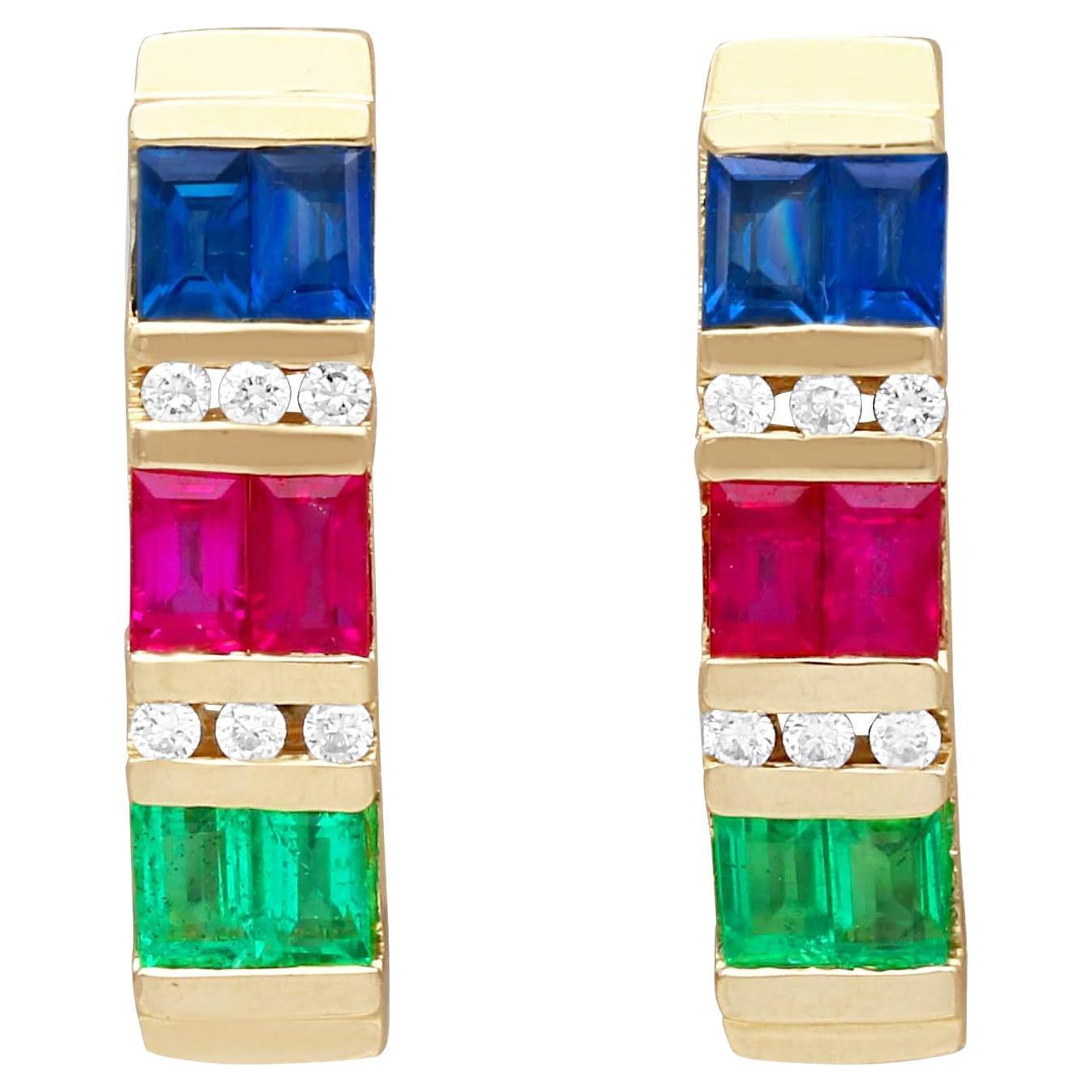 Vintage Emerald, Sapphire, Ruby and Diamond, 18k Yellow Gold Earrings For Sale