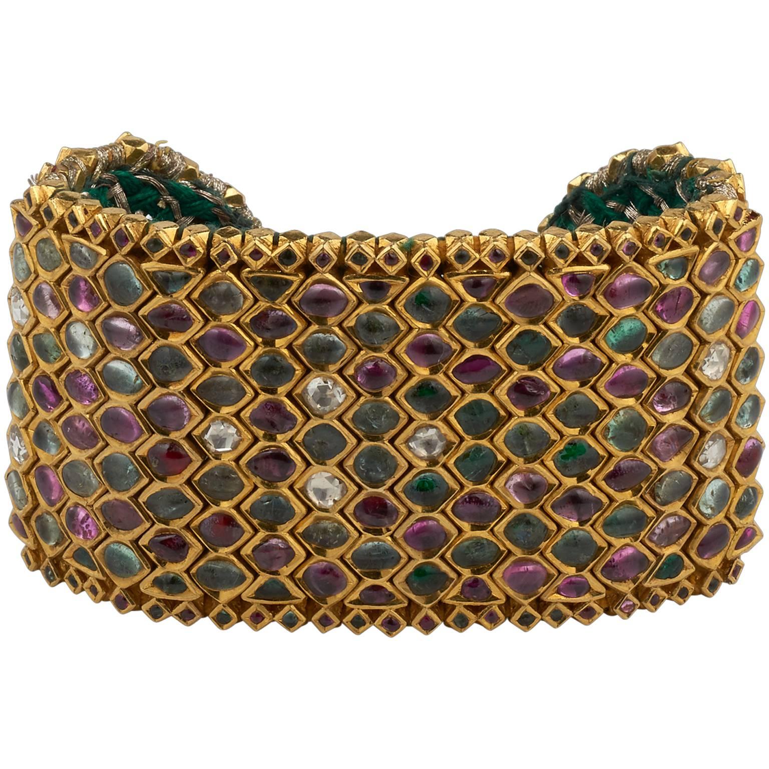 Antique Indian Precious Gem Gold Armlet Cuff Bracelet For Sale