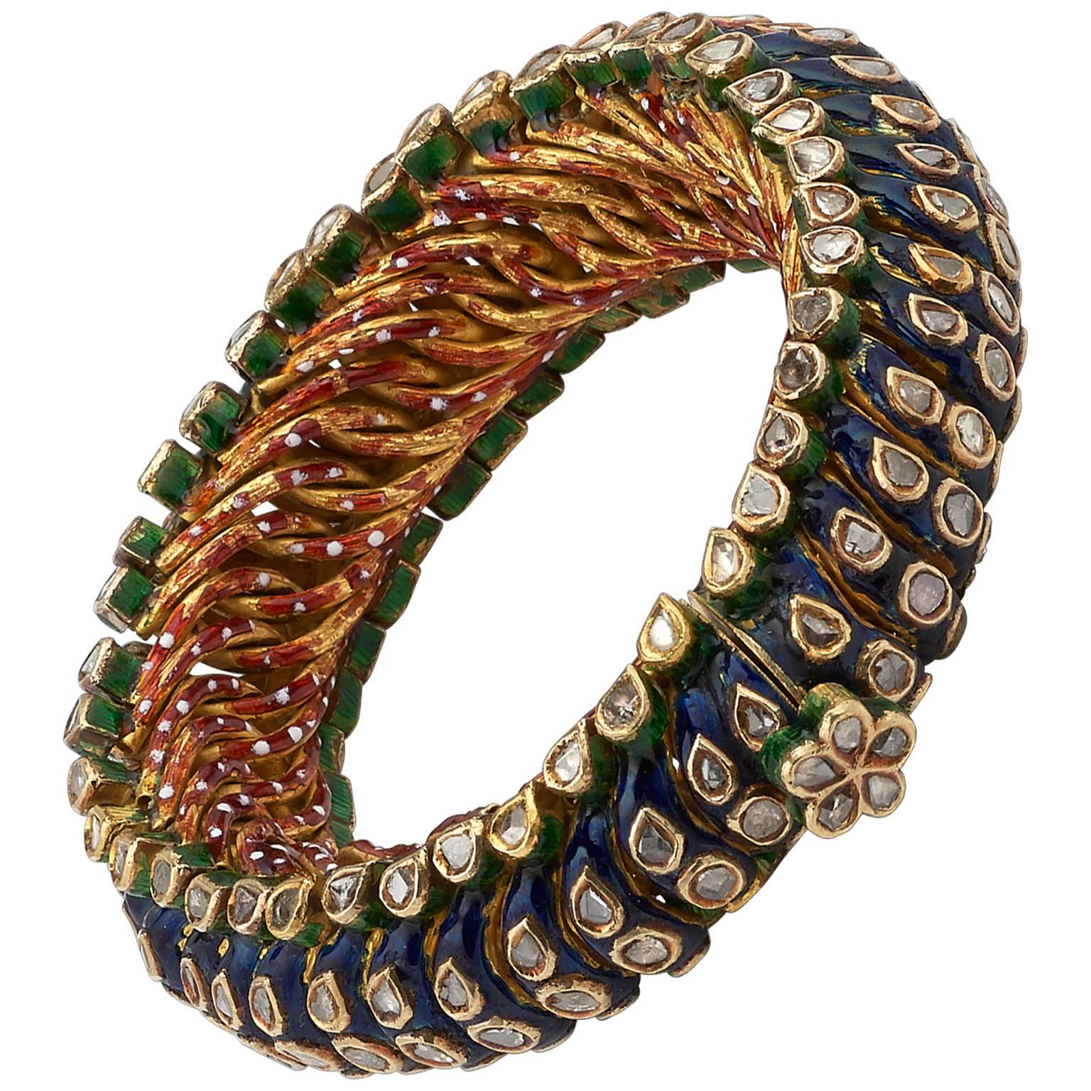 Antique Indian Enamel Diamond Gold Bracelet For Sale