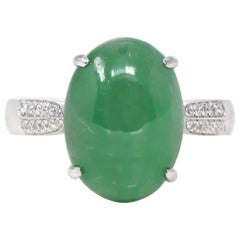 18k White Gold Natural Imperial Green Oval Jadeite Engagement Ring with Diamond