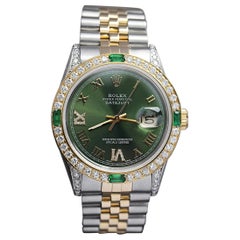 Vintage Rolex Datejust Green Dial, Diamonds / Emeralds Bezel Two Tone Watch 16013