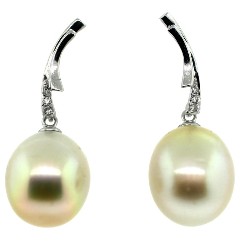 Hakimoto 13 mm South Sea Drop Cultured Pearl 18k Diamond Earrings For ...