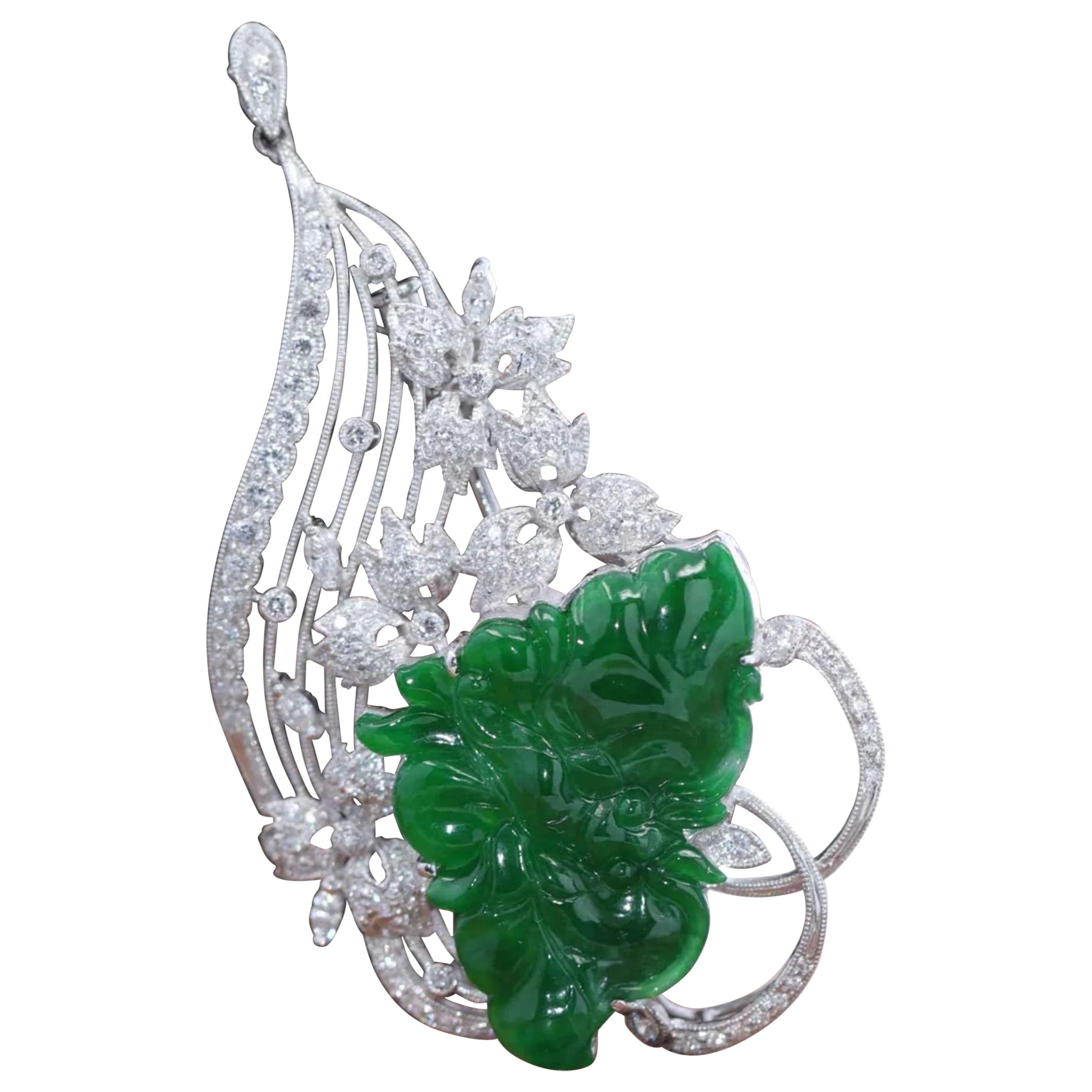 Butterfly 18k White Gold Genuine Imperial Jadeite Pendant & Brooch with Diamonds For Sale