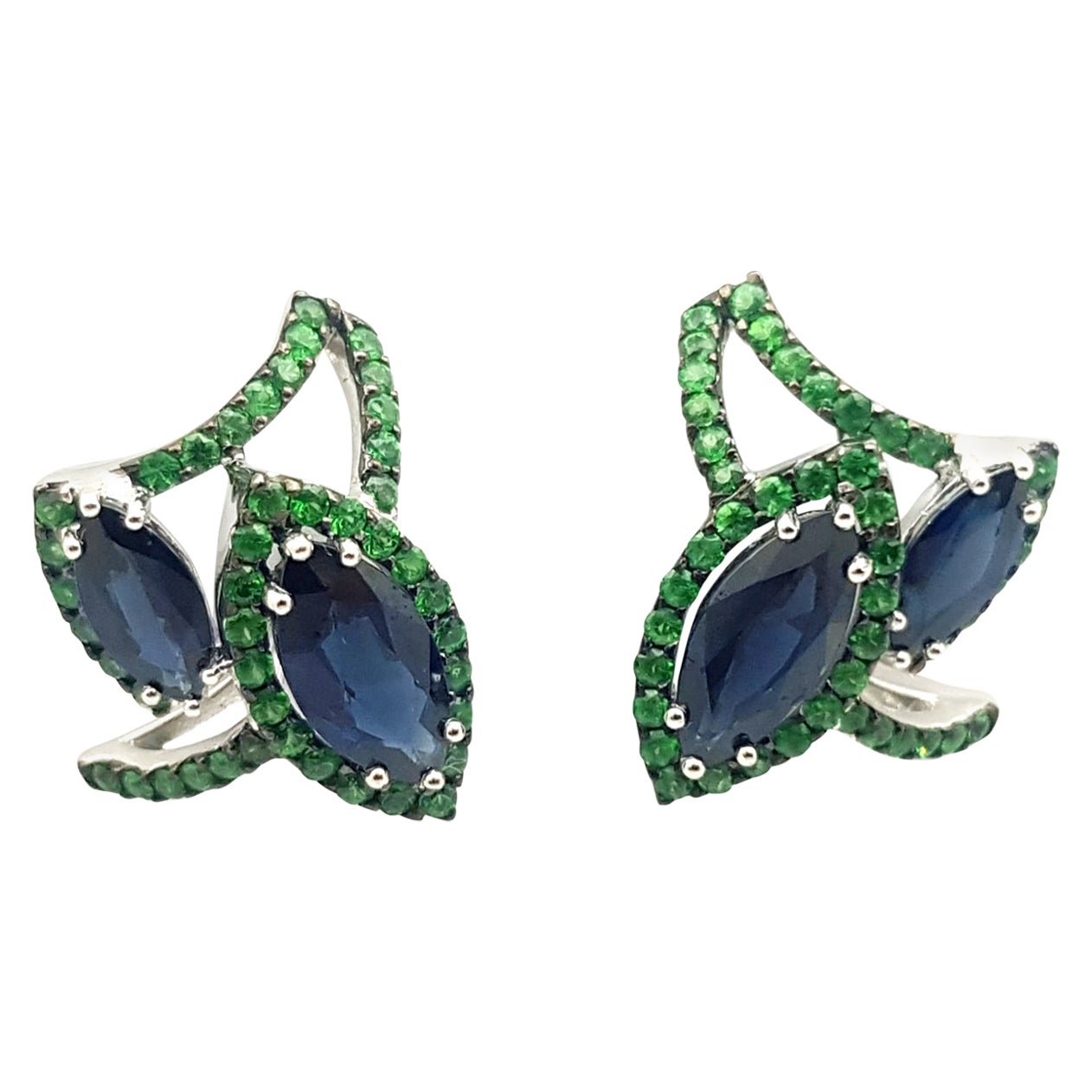 Blue Sapphire with Tsavorite Earrings Set in 18k White Gold Settings For Sale