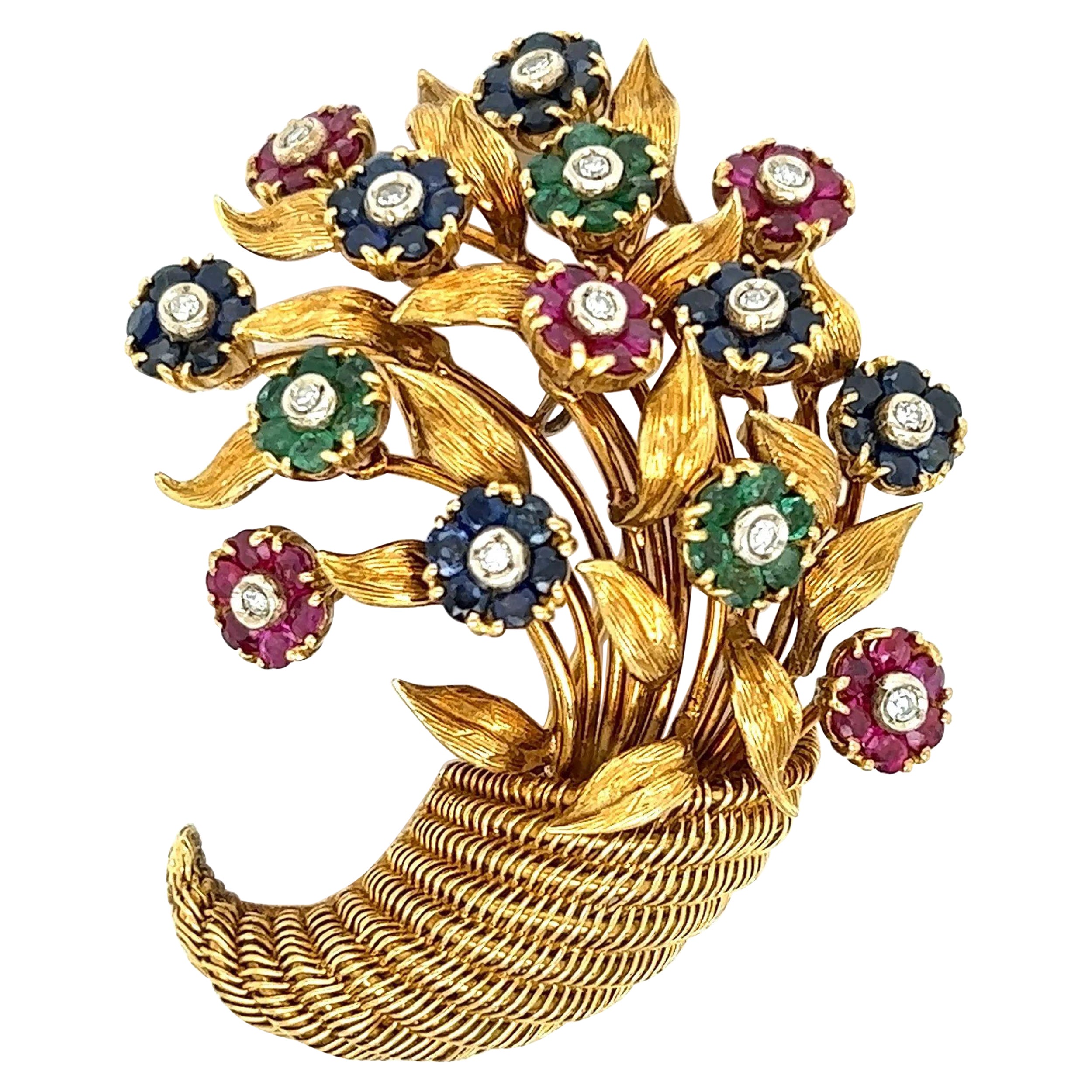 Tiffany & Co Broche vintage emblématique en forme de panier de fleurs avec plusieurs pierres précieuses et diamants 