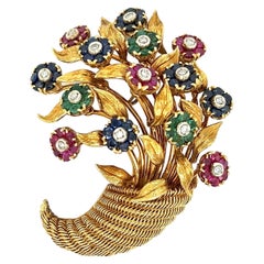 Iconic Tiffany & Co Multi Gemstone and Diamond Flower Basket Vintage Brooch Pin