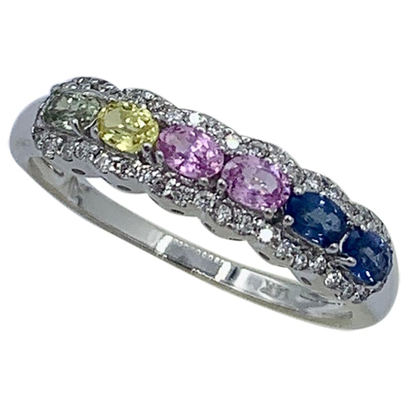 Multicolor Sapphire 32 Diamond Ring Lavender Blue Orange Pink Yellow Sapphires For Sale