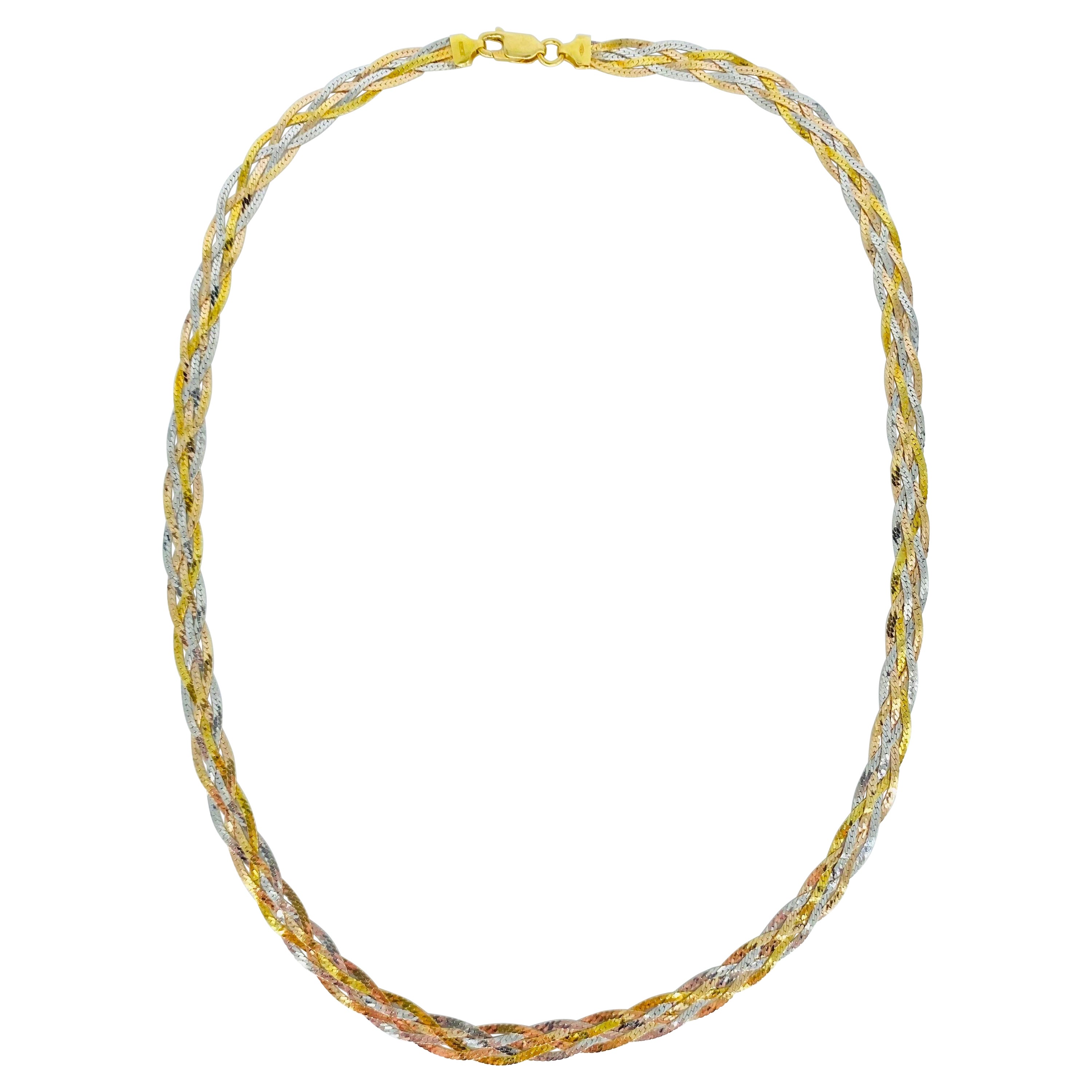 Vintage Wheat Braided 18 Karat Tri-Color Gold Necklace For Sale