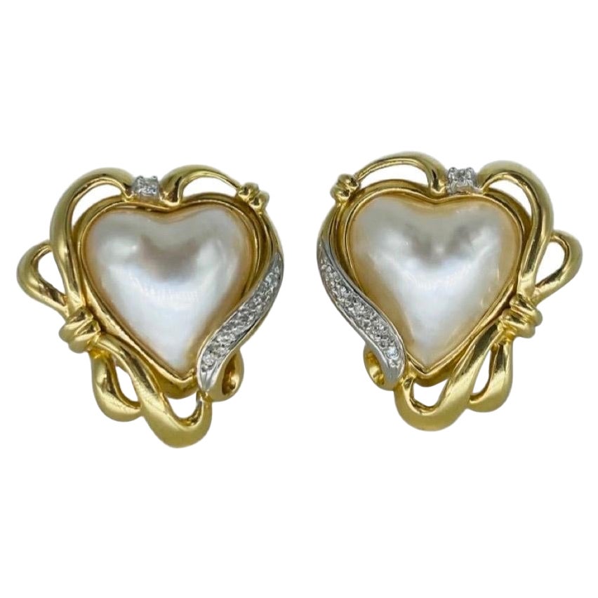 Vintage Heart Shaped Pearl and Diamonds Clip Earrings 14 Karat Gold For Sale