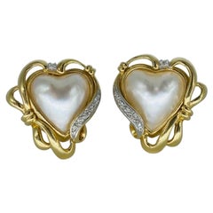 Vintage Heart Shaped Pearl and Diamonds Clip Earrings 14 Karat Gold