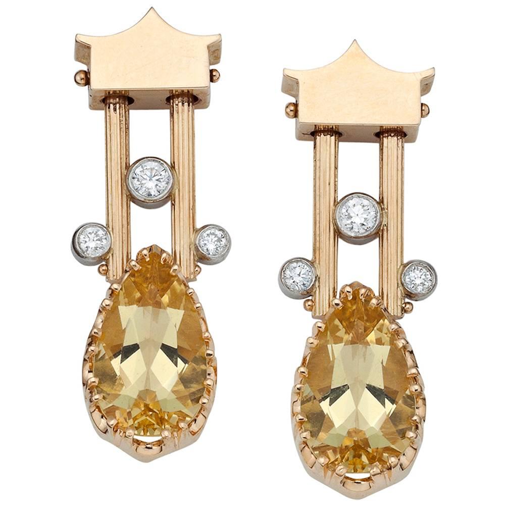Heliodor Beryl Diamond Gold Pendant Earrings For Sale