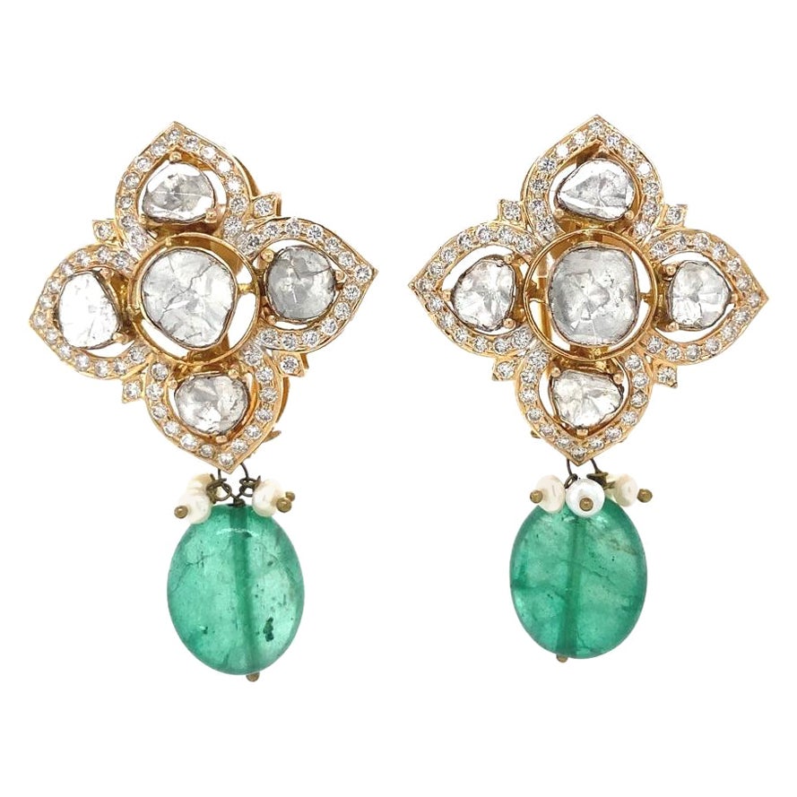 Flower Design Polki Diamond Dangle Earrings with Emeralds in 18k Solid Gold For Sale