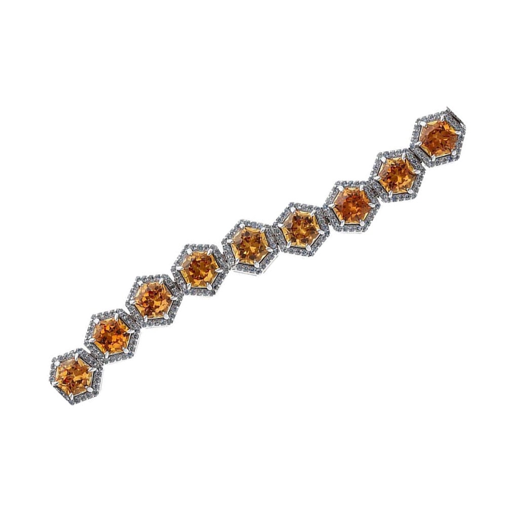 Golden Honeycomb Hexagon Tennis Bracelet 18kt, Aquamarine & Yellow Sapphires For Sale