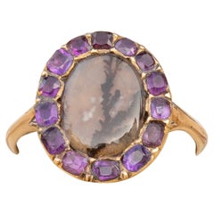 Georgian Amethyst and Dendritic Agate Gold Cluster Ring, 18th Century 