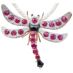 Vintage Rubies, Diamonds, Onyx, Rose Gold and Silver Dragonfly Brooch