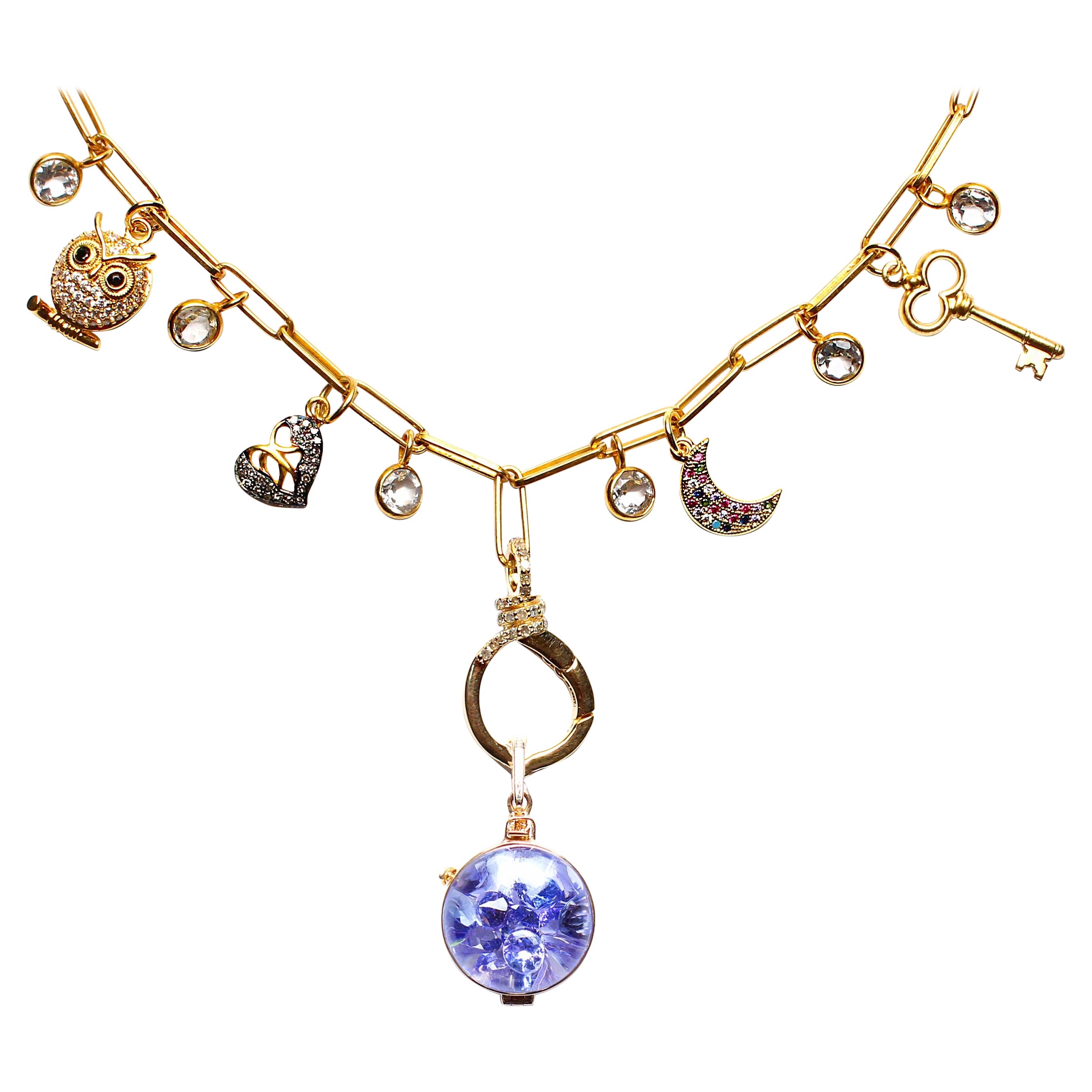 Clarissa Bronfman Signature Multi Charm Gold Ppr Clip Necklace & Tanzanite Charm For Sale