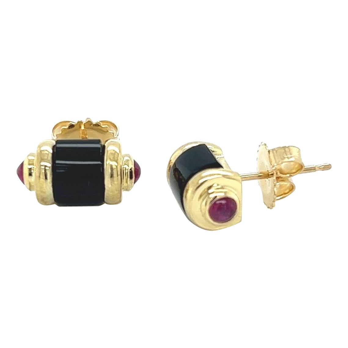 18k Yellow Gold Tube Stud Earrings with handcut Black Onyx and Cabochon Rubies For Sale
