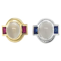 Miss Match 18k Yellow/White Gold Moonstone Cabs Rubies Sapphires Stud Earrings