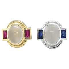 Orecchini Miss Match in oro giallo/bianco 18k con pietra di luna, rubini e zaffiri