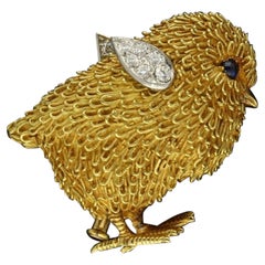 Tiffany Gold Brooch in the Form a Little Chick Diamond-Set Wings Sapphire Eyes