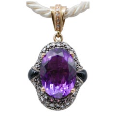 Amethyst, Onyx, Diamonds, 14 Karat Rose Gold and Silver Pendant Necklace