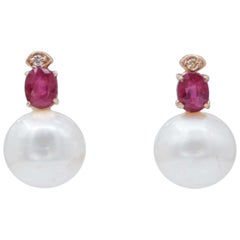 Pearls, Rubies, Diamonds, 14 Karat Rose Gold Earrings