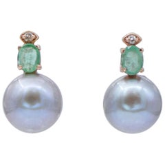 Grey Pearls, Emeralds, Diamonds, 14 Karat Rose Gold Earrings