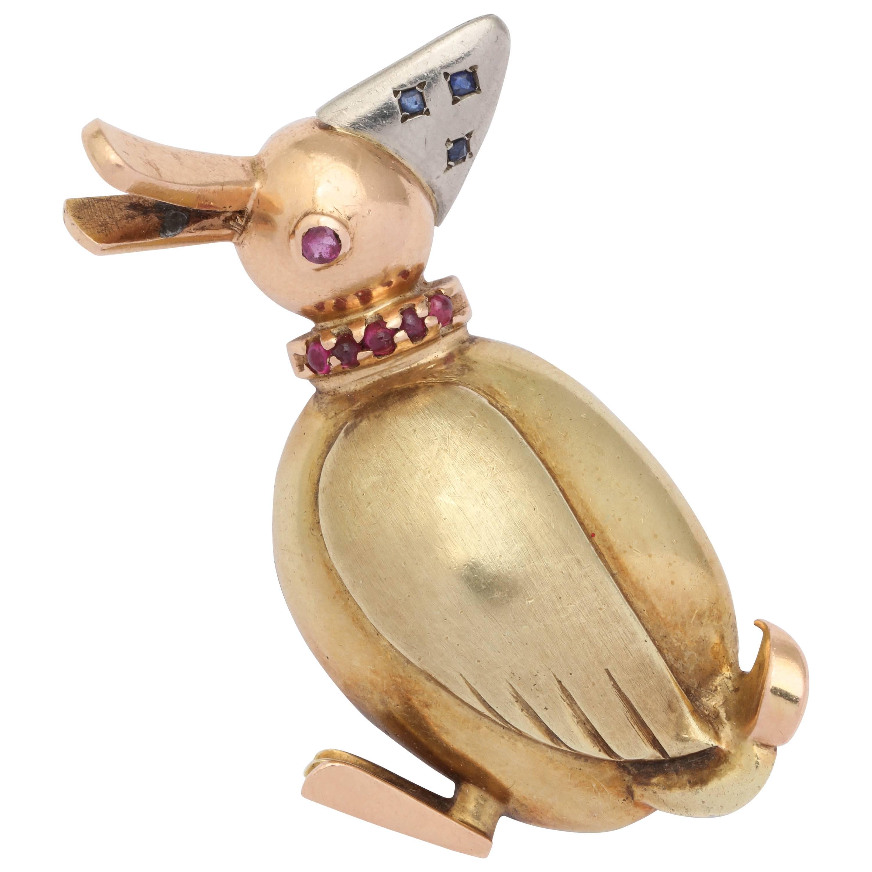 Retro Gold Goose Pin w Rubies & Sapphires  For Sale