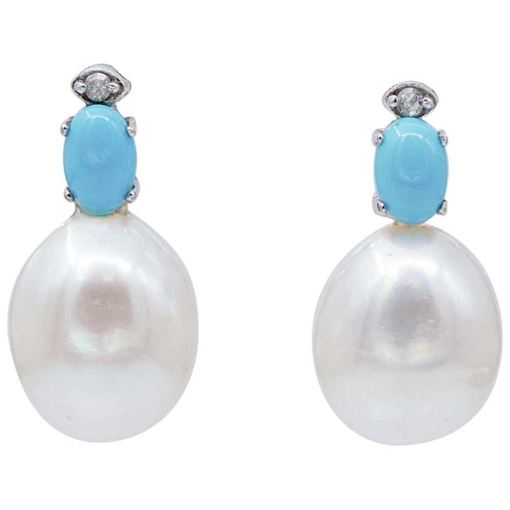 Pearls, Turquoise, Diamonds, 14 Karat White Gold Earrings