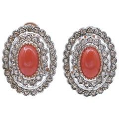 Coral, Diamonds, Rose Gold and Silver Earrings