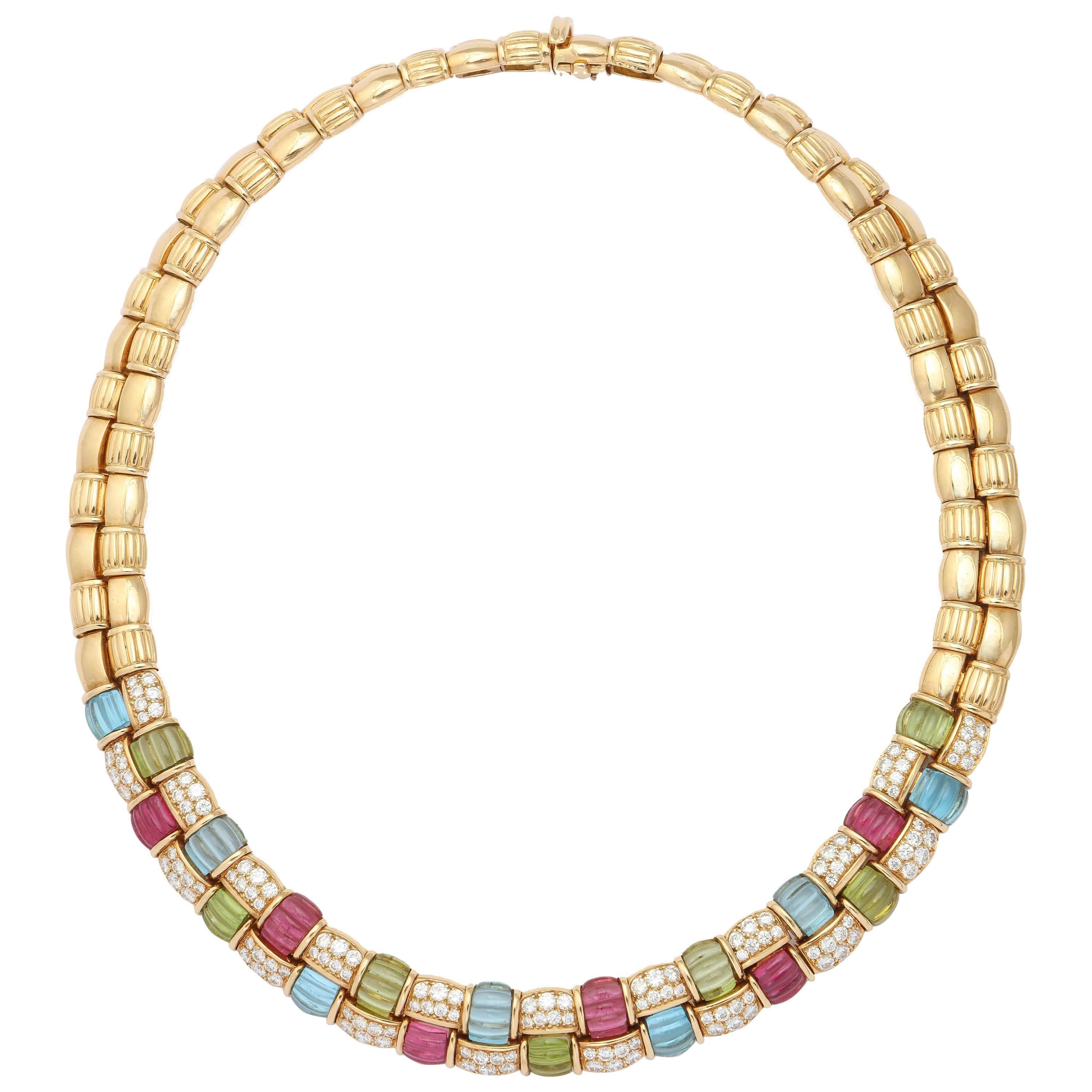 Fred Paris Multicolored Stone Diamond Gold Double Row Necklace