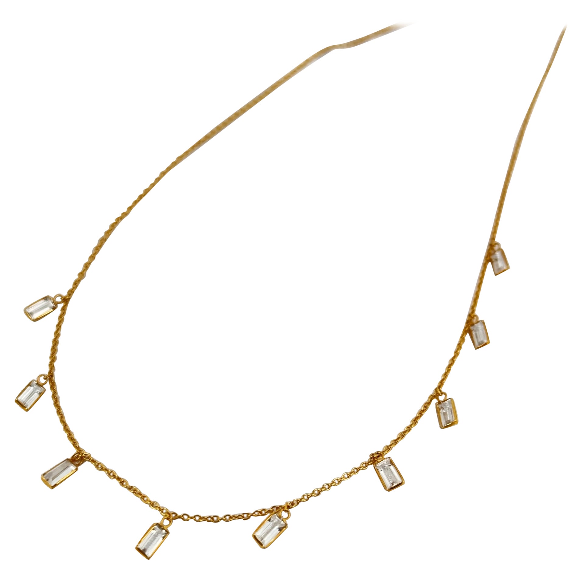 White sapphire dangle necklace

A dainty White Sapphire necklace is now available to be yours! Beautiful emerald cut sapphires are evenly spaced out at the bottom half of the chain! Our drop necklace is as beautiful as it is dainty! Dainty, but