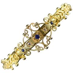 Antique Victorian Sapphire Rose Cut Diamond Filigree Hinged Bangle Bracelet
