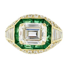 Vintage Estate 18k Yellow Gold 6.07ct GIA Emerald Cut & Baguette Diamond Engagement Ring
