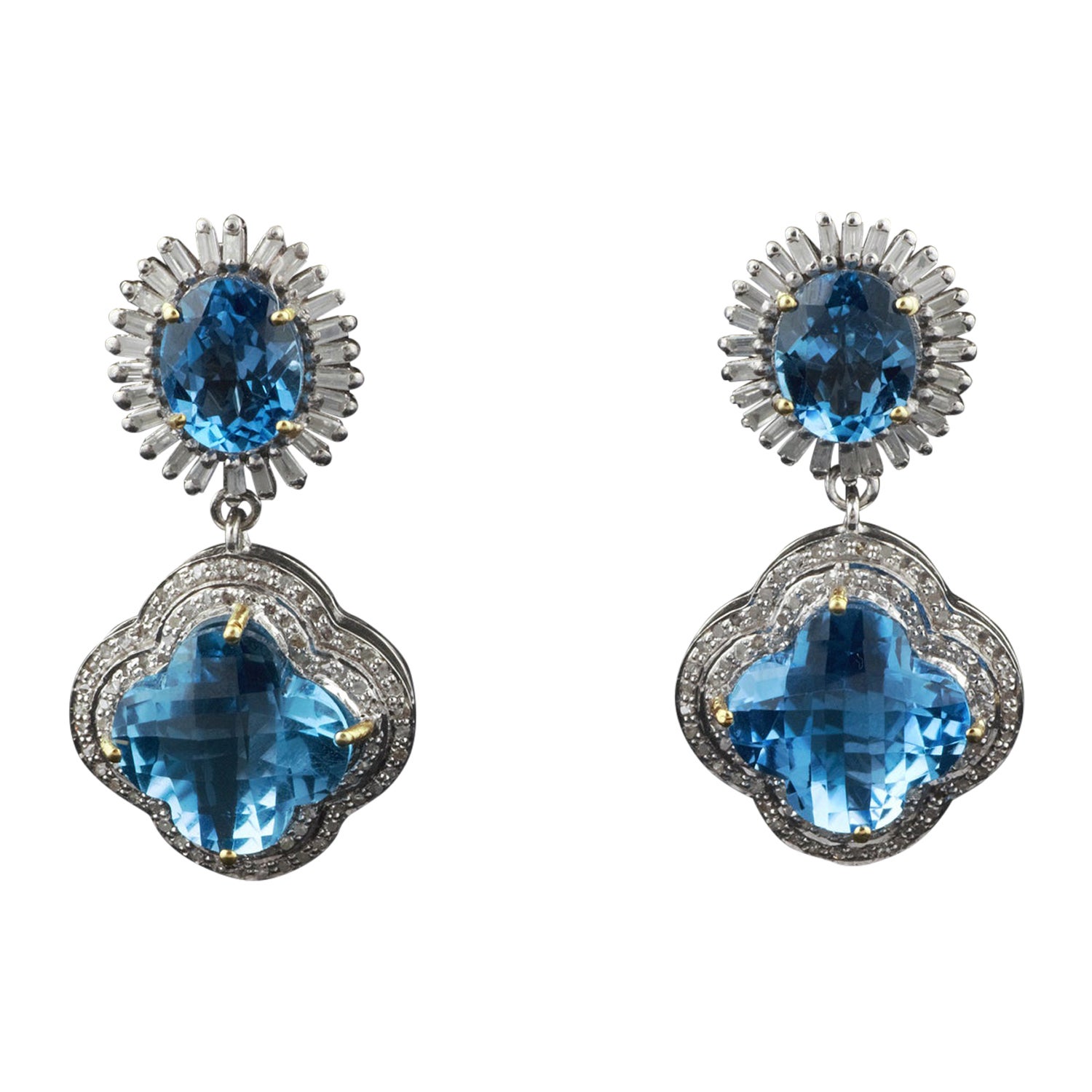 Vintage Silver Blue Topaz Earrings, Antique Victorian Diamond Dangle Earrings For Sale